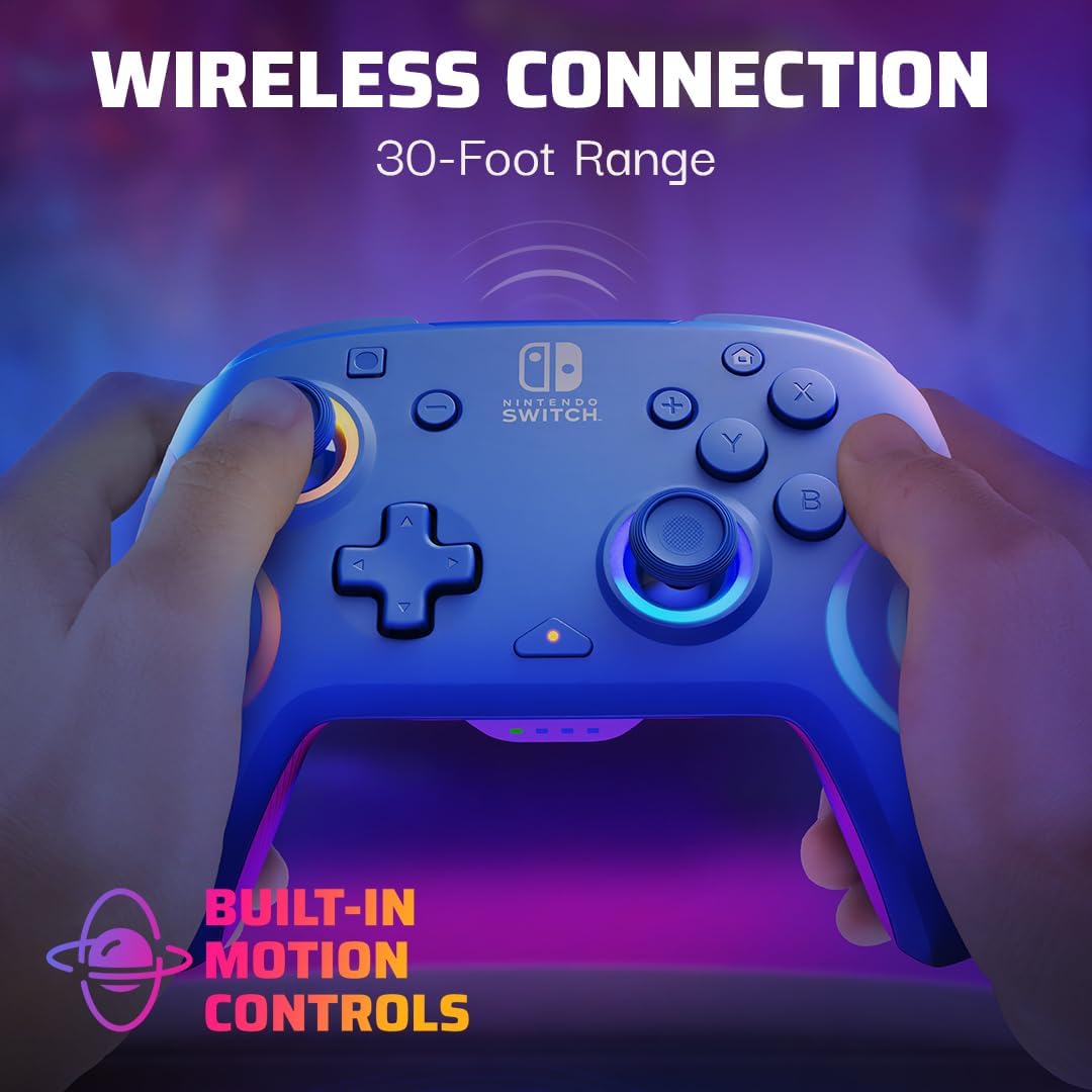 PDP Afterglow Wave Wireless RGB Gaming Controller - Nintendo Switch/Switch Lite/Switch - OLED Model, Nintendo Switch 2, LED Lighting, Rechargeable Battery - Blue