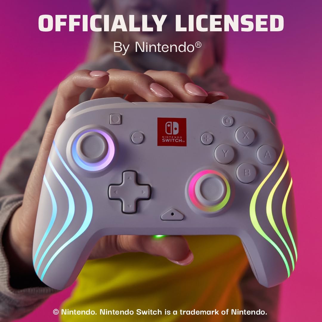 PDP Afterglow Wave Wireless RGB Gaming Controller - Nintendo Switch/Switch Lite/Switch - OLED Model, Nintendo Switch 2, LED Lighting, Rechargeable Battery - White