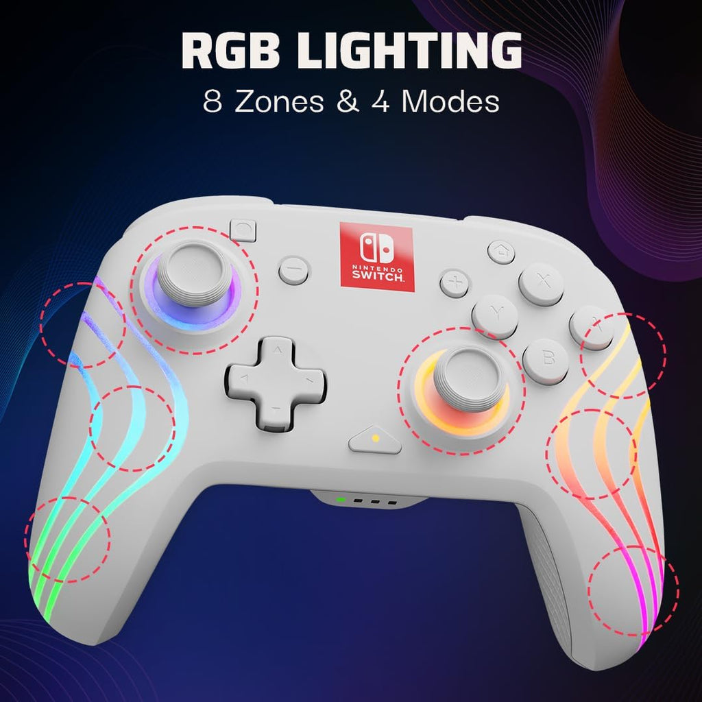 PDP Afterglow Wave Wireless RGB Gaming Controller - Nintendo Switch/Switch Lite/Switch - OLED Model, Nintendo Switch 2, LED Lighting, Rechargeable Battery - White