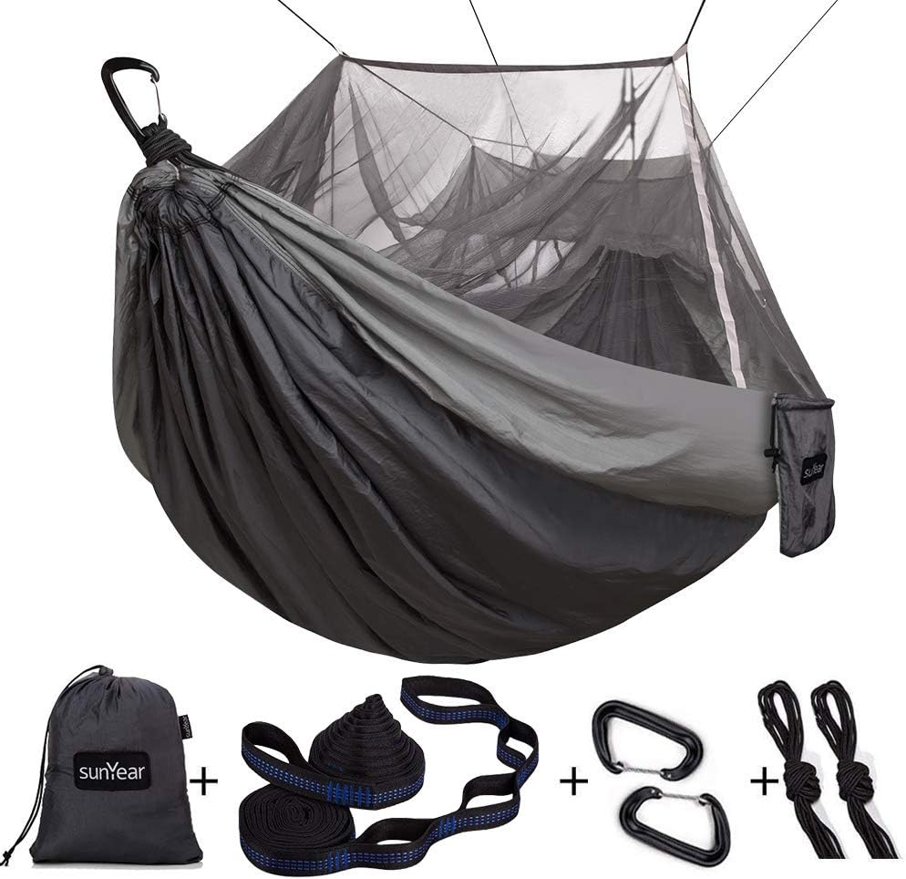 Hamac de Camping avec Filet – Nylon Parachute, Sangles d'arbre incluses