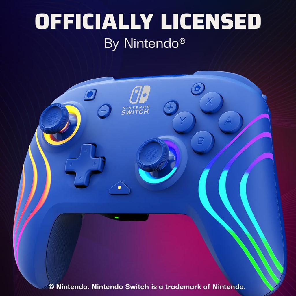 PDP Afterglow Wave Wireless RGB Gaming Controller - Nintendo Switch/Switch Lite/Switch - OLED Model, Nintendo Switch 2, LED Lighting, Rechargeable Battery - Blue