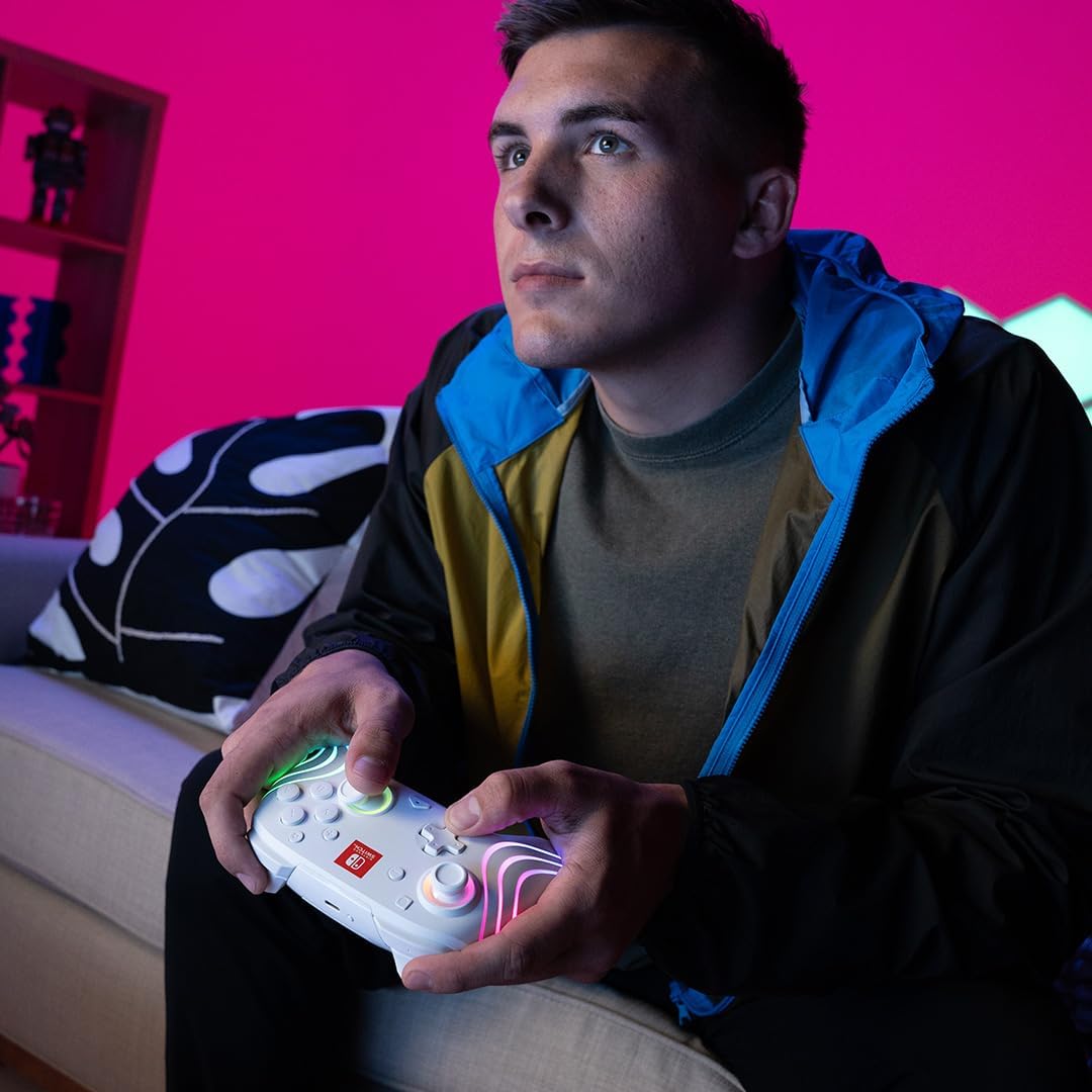 PDP Afterglow Wave Wireless RGB Gaming Controller - Nintendo Switch/Switch Lite/Switch - OLED Model, Nintendo Switch 2, LED Lighting, Rechargeable Battery - White
