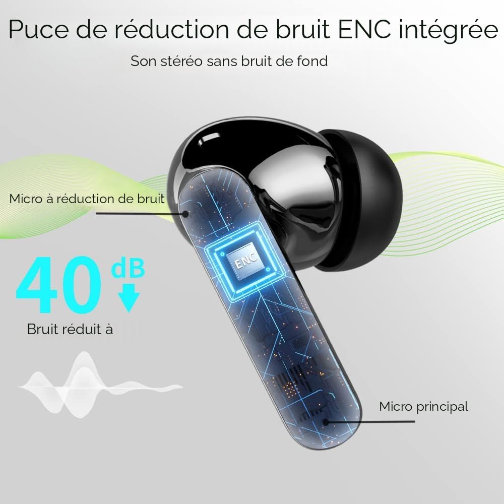 Écouteurs sans fil, écouteurs Bluetooth 5.4 avec Hifi Stéréo et micro antibruit ENC, étanchéité IP7, écouteurs intra-auriculaires à affichage numérique à DEL, à commande tactile, noir