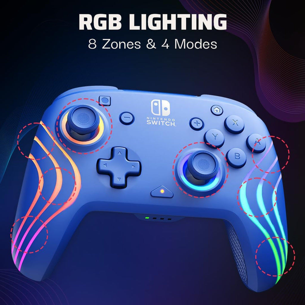 PDP Afterglow Wave Wireless RGB Gaming Controller - Nintendo Switch/Switch Lite/Switch - OLED Model, Nintendo Switch 2, LED Lighting, Rechargeable Battery - Blue