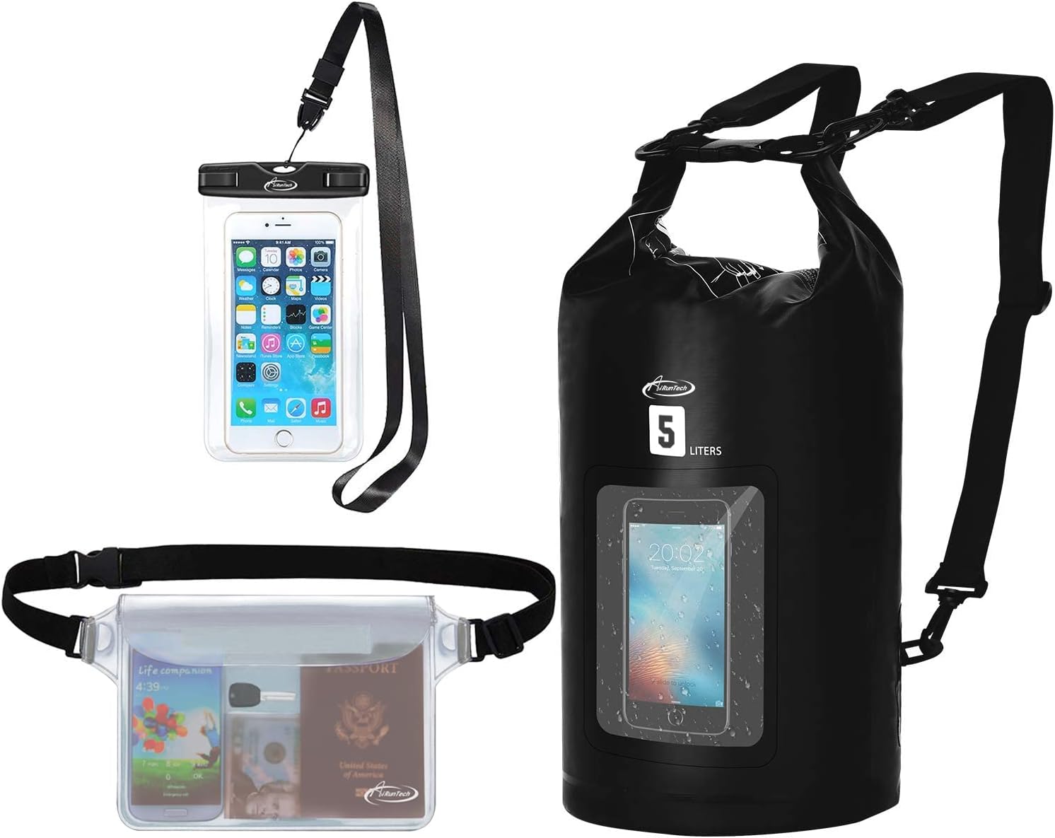 AiRunTech Sac étanche avec fermeture pliable – Compression, Pochette téléphone, Bandoulière