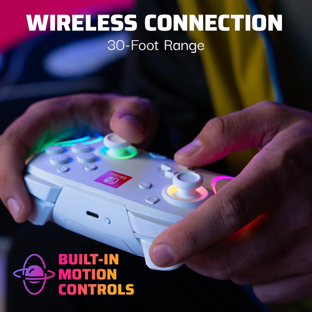 PDP Afterglow Wave Wireless RGB Gaming Controller - Nintendo Switch/Switch Lite/Switch - OLED Model, Nintendo Switch 2, LED Lighting, Rechargeable Battery - White