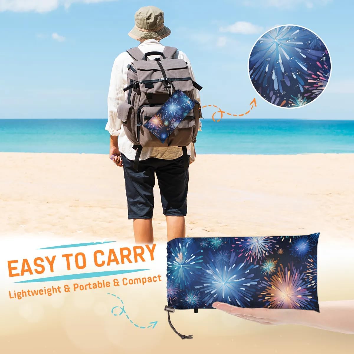 Couverture de Plage Imperméable – Motif Feux d'Artifice, Anti-Sable 59"x68" - La fille du nord