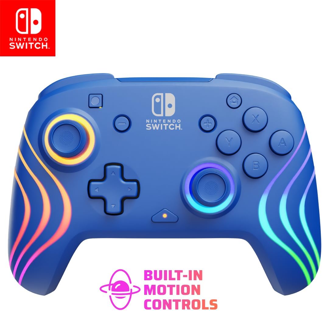 PDP Afterglow Wave Wireless RGB Gaming Controller - Nintendo Switch/Switch Lite/Switch - OLED Model, Nintendo Switch 2, LED Lighting, Rechargeable Battery - Blue