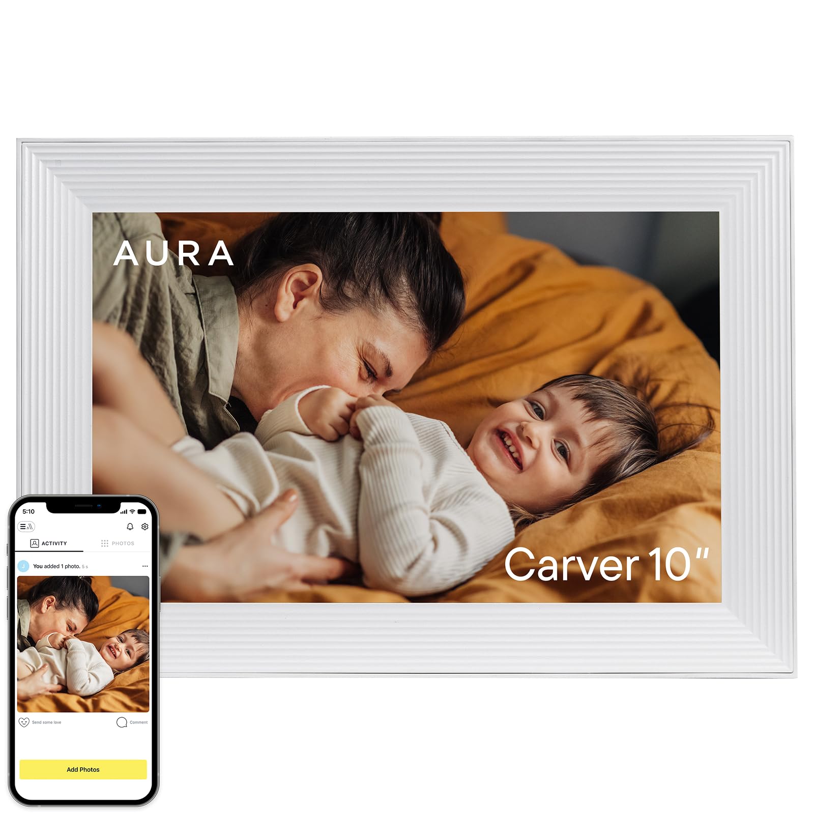 Aura Carver Mat WiFi Digital Picture Frame, 10.1”, Add Photos with Aura App, Free Unlimited Storage - Easy to Use - Plays Videos - The Best Digital Photo Frame - Gravel with White Mat