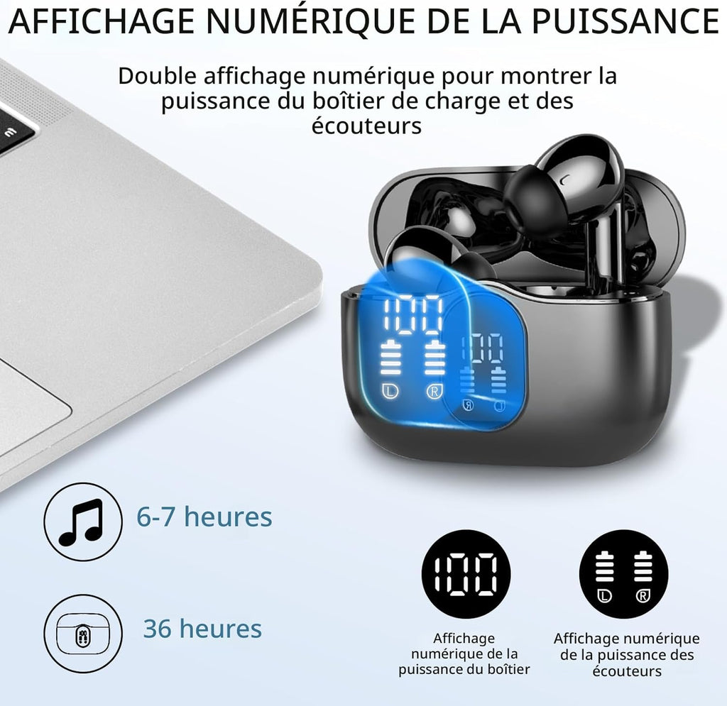 Écouteurs sans fil, écouteurs Bluetooth 5.4 avec Hifi Stéréo et micro antibruit ENC, étanchéité IP7, écouteurs intra-auriculaires à affichage numérique à DEL, à commande tactile, noir