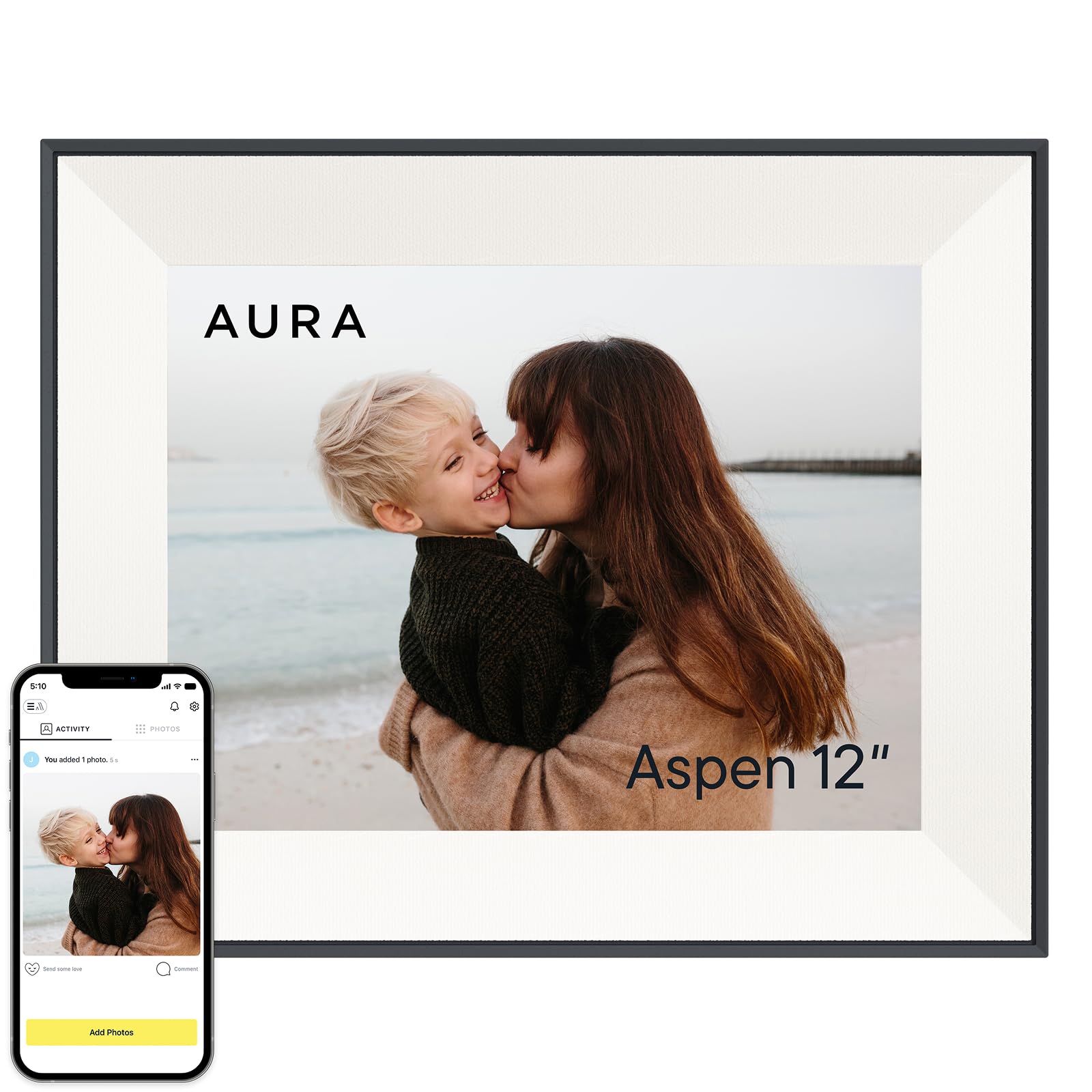 Aura Carver Mat WiFi Digital Picture Frame, 10.1”, Add Photos with Aura App, Free Unlimited Storage - Easy to Use - Plays Videos - The Best Digital Photo Frame - Gravel with White Mat