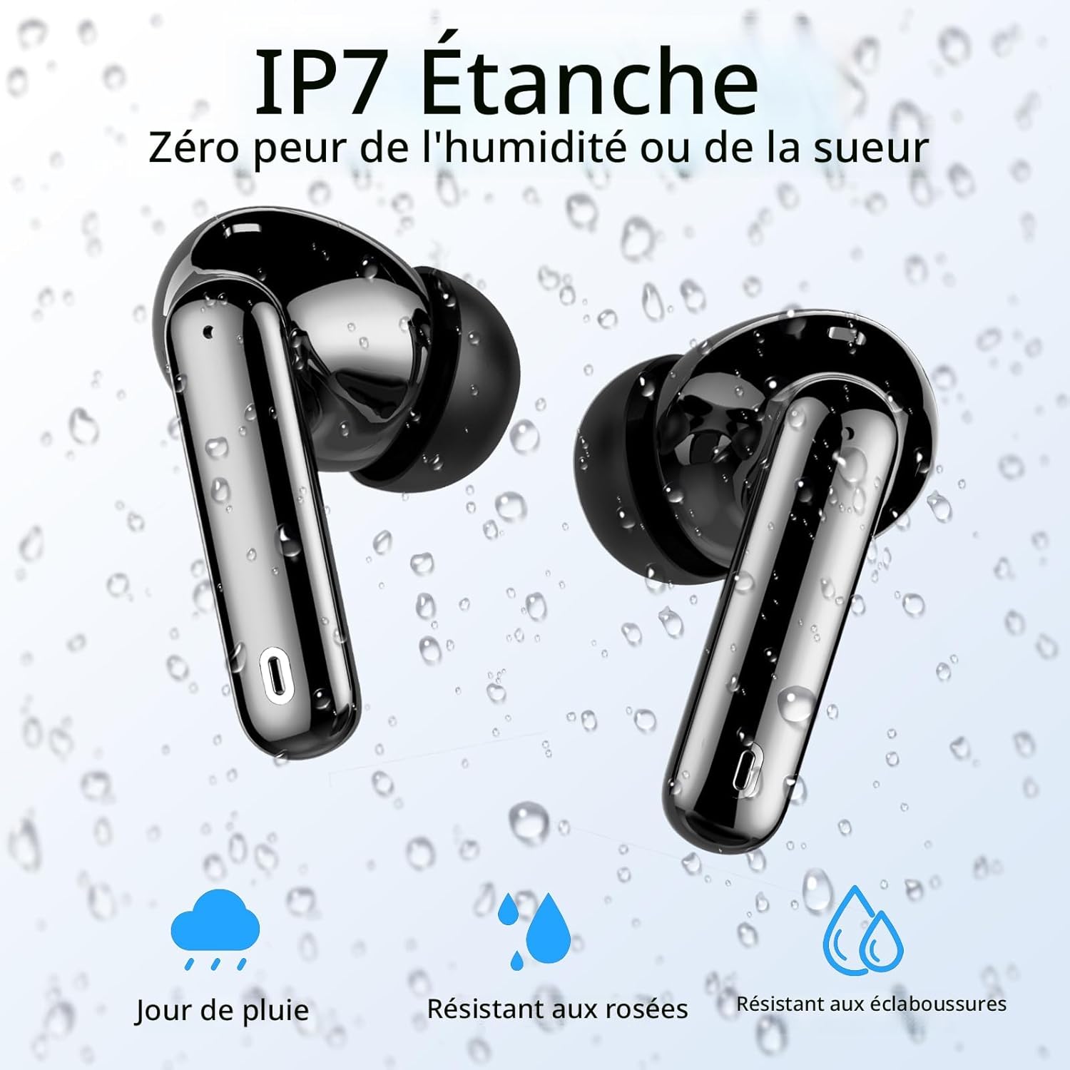 Écouteurs sans fil, écouteurs Bluetooth 5.4 avec Hifi Stéréo et micro antibruit ENC, étanchéité IP7, écouteurs intra-auriculaires à affichage numérique à DEL, à commande tactile, noir