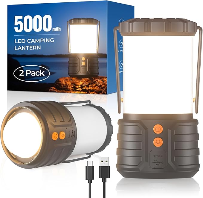 Pack de 2 Lanternes LED Camping 5000mAh – Rechargeable, IPX4, 3 Couleurs