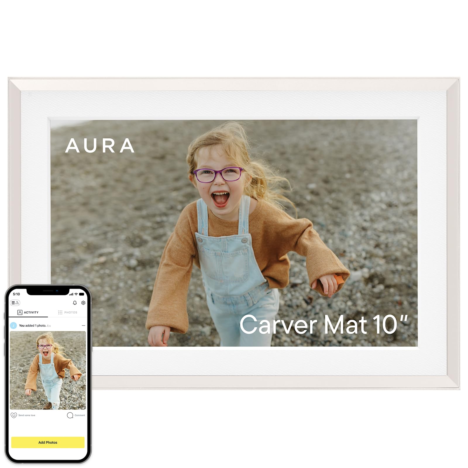 Aura Carver Mat WiFi Digital Picture Frame, 10.1”, Add Photos with Aura App, Free Unlimited Storage - Easy to Use - Plays Videos - The Best Digital Photo Frame - Gravel with White Mat