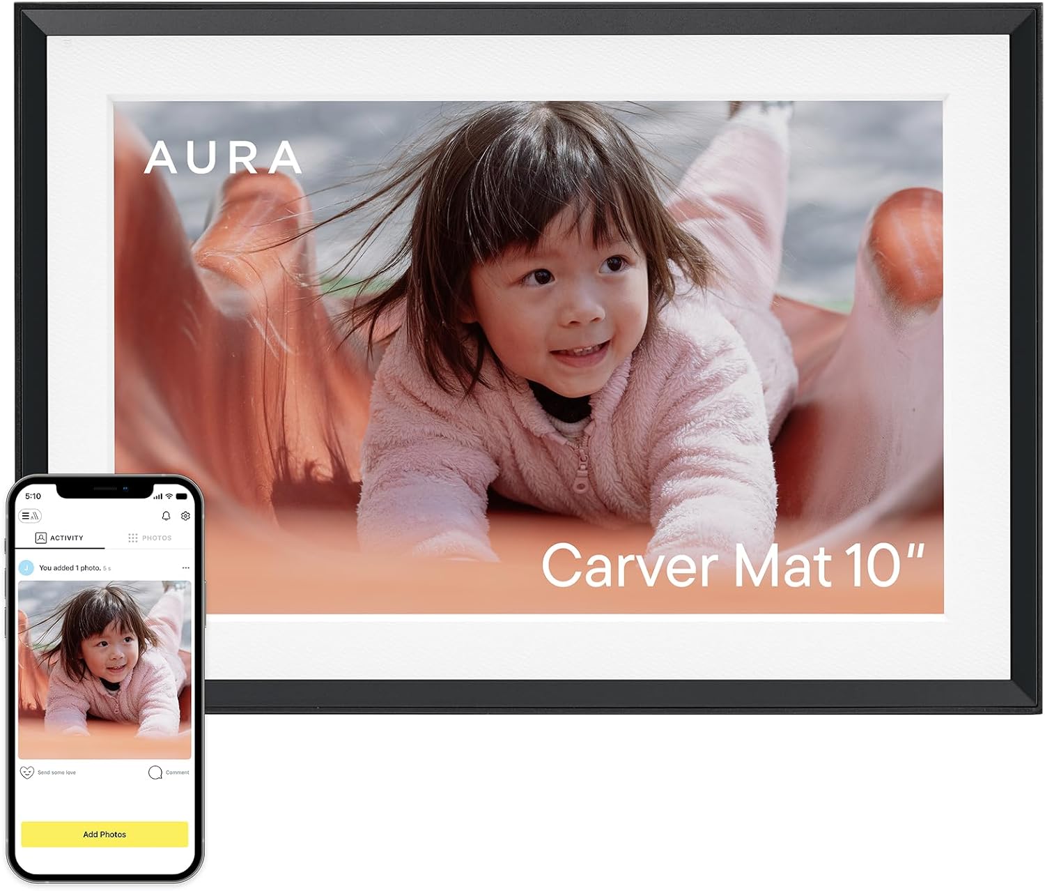 Aura Carver Mat WiFi Digital Picture Frame, 10.1”, Add Photos with Aura App, Free Unlimited Storage - Easy to Use - Plays Videos - The Best Digital Photo Frame - Gravel with White Mat