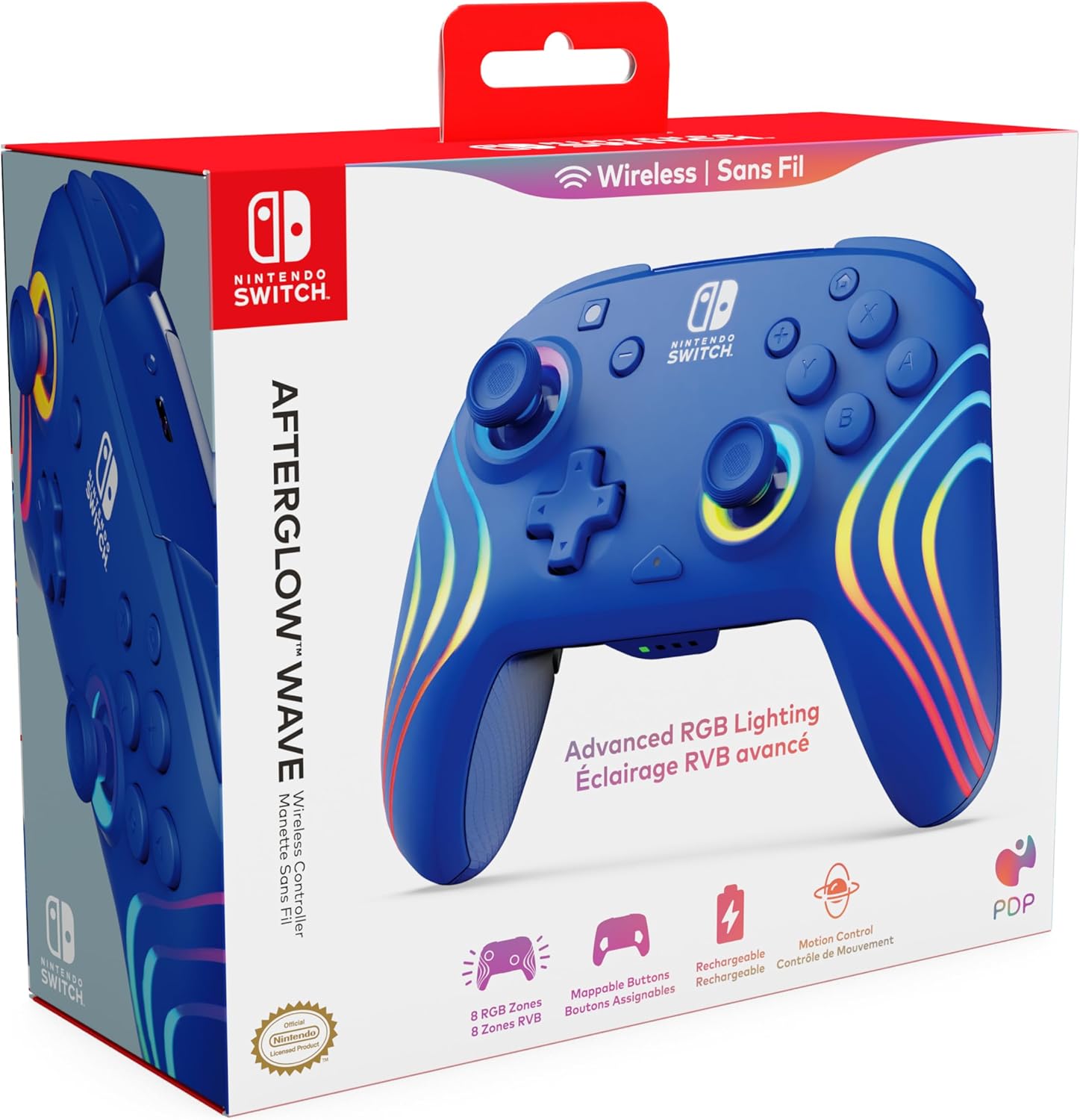 PDP Afterglow Wave Wireless RGB Gaming Controller - Nintendo Switch/Switch Lite/Switch - OLED Model, Nintendo Switch 2, LED Lighting, Rechargeable Battery - Blue