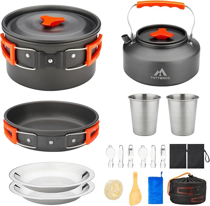 Kit de cuisine camping THTYBROS 17 pcs – Casserole, poêle & bouilloire