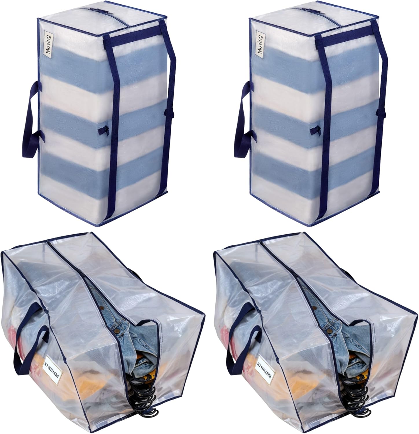 VENO – Lot de 4 sacs de déménagement avec sangles de sac à dos, couvercles, poignées robustes, fermetures éclair (transparent)
