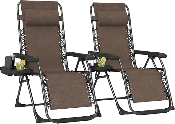 Outsunny Zero Gravity – Lot de 2 chaises longues pliantes avec porte-gobelet