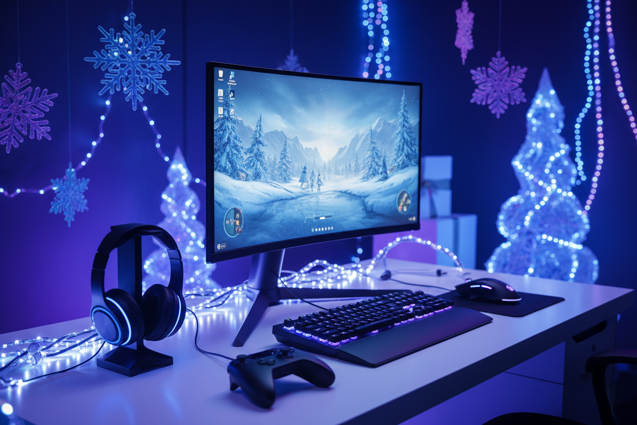 image pour gaming pour noel bleu et mauve