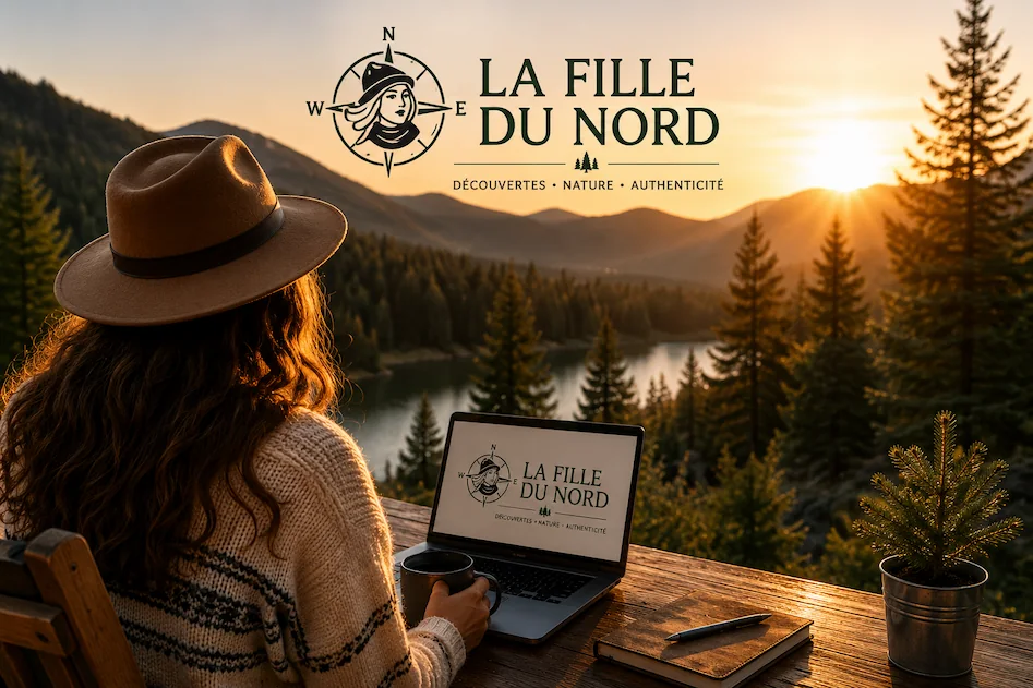 Femme coiffée d’un chapeau devant un lac et des montagnes, avec un ordinateur portant le logo La Fille du Nord