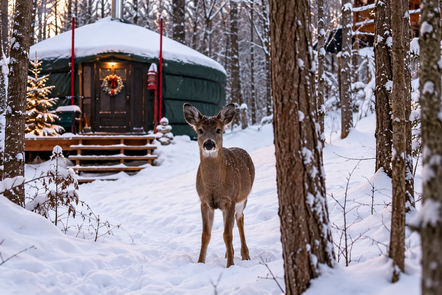 Un chevreuil devant la yourte dans une forêt enneigée